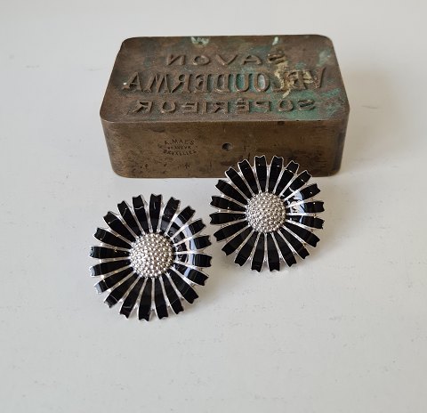 Georg Jensen large Marguerite earrings in sterling silver and black enamel