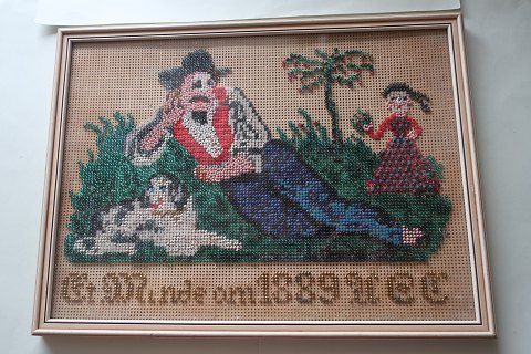 Antique pearl embroideryEmbroidery made by hand, made with pearls, made on the paper FramedThis is a type of "post mortem" (after the death)Text: "Et minde om 1889" samt initialerne på afdøde (=A memory of 1889 PlUS the initials of the person)H:
