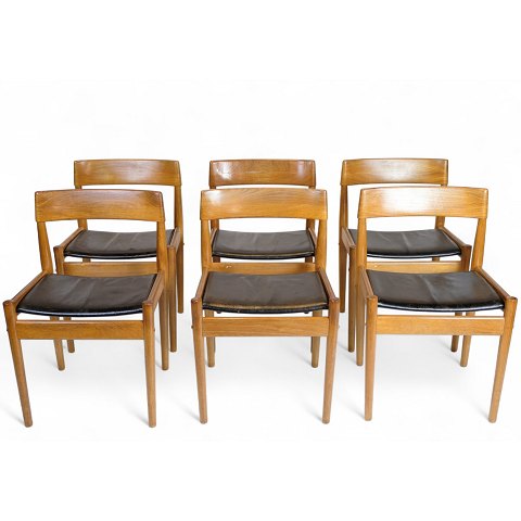 Sæt Af 6 Spisebordsstole - Model P J 3-2 - Teaktræ & Sort Læder - Grete Jalk - P. Jeppesen - 1960erne
