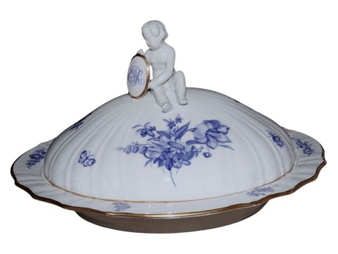Blå Blomst Svejftet med guldkantStor og sjælden skål med låg med figur af dreng