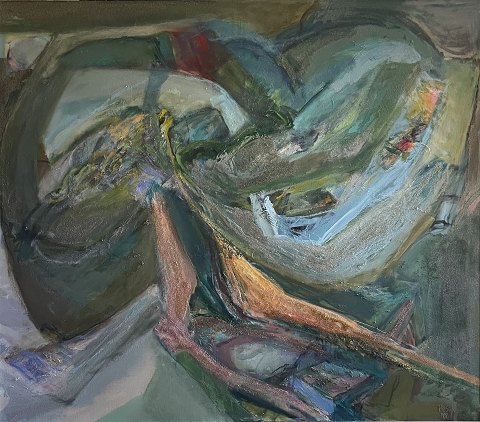 "Komposition" stort flot maleri, symbolistisk, monteret i hvid naturramme.