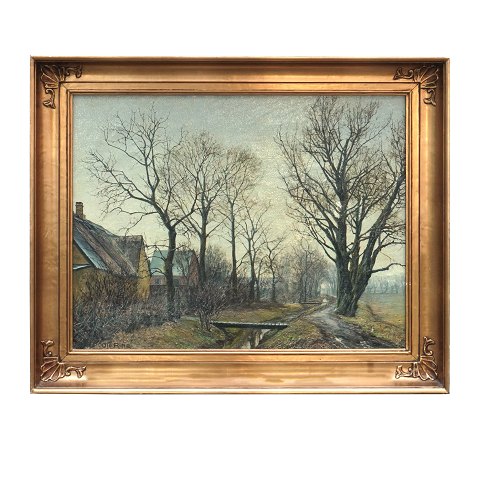 Ole Ring, 1902-72, oil on canvas. View from a village. Signed Ole Ring. Visible size: 45x59cm. With frame: 60x74cm