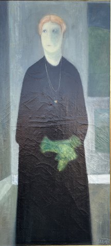 "The Green Gloves" Oil painting on canvas in a gilded frame. The painting has been exhibited, has cracks.
