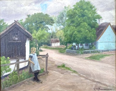 "Parti fra en landsby" Oliemaleri på lærred i forgyldt ramme. Maleriet er netop blevet renset og har fået slut fernis.