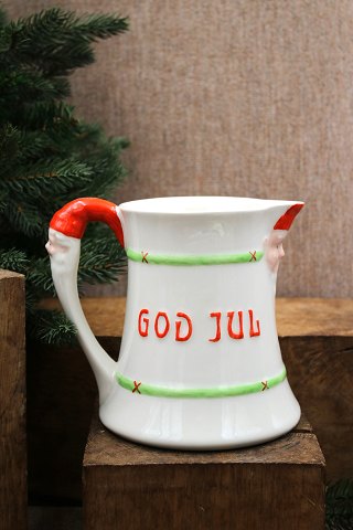 Gammel håndmalet fajance julekande med "God Jul" og nisse ansigter fra Gustafsberg...