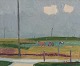 Gotthard Sandberg (1890-1961), Swedish artist, oil on board. Modernist landscape with horses in a meadow.