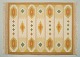 Swedish handwoven carpet in pure wool. Rölakan technique. Ochre yellow, orange, green, and white colors in a geometric pattern.