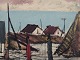 Peder Brøndum Sørensen (1931-2003), Danish painter, oil on canvas. "Figures and Houses by the Sea." Modernist motif.