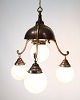 3-arm Chandelier - Burnished Brass & Opal Glass Balls - Art Nouveau - 1930s