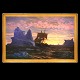 I E C Rasmussen parti fra Grønland med skib, isbjerge og solnedgang. Jens Erik Carl Rasmussen, 1841-93, olie på lærred. Signeret og dateret 1872. Lysmål: 98x156cm. Med ramme: 112x170cm