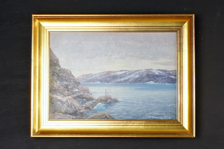 Evelyn Thorbjørn (1911-85)Parti fra Grønland med fanger i fjord.Olie på lærred.