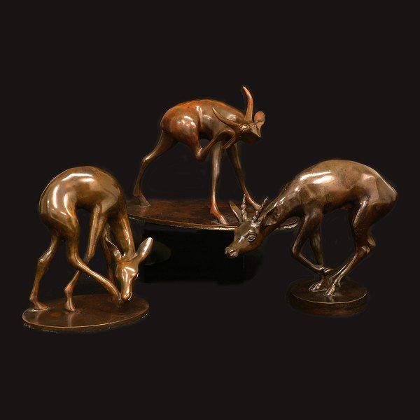 Jean Rene Gauguin, 1881-1961, set of three Antelope in patinated bronze. Signed with monogram. L: 15-25cm. H: 16cm