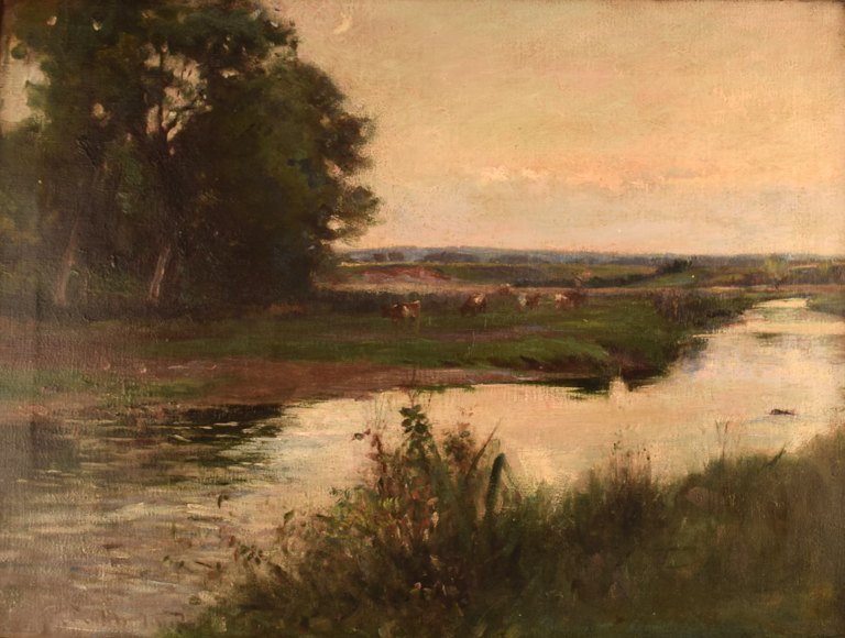 Joseph Milne, 1861-1911. Engelsk kunstner. Engelsk landskab med græssende køer ved åløb.Titel: "Pasture". Impressionistisk stil. Maleri af høj kvalitet, ca 1900.
