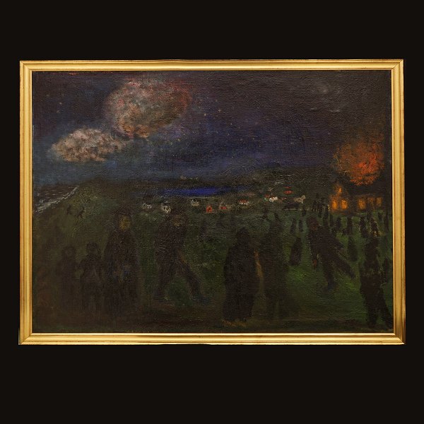 Jens Søndergaard: "Burning House", Signed and dated 1931. Visible size: 96x122cm. With frame: 102x128cm