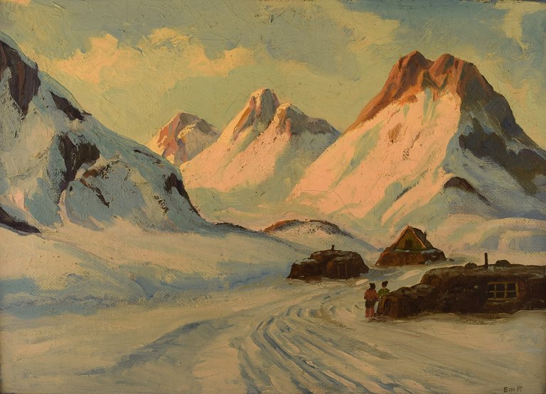 Emanuel A. Petersen (f. 1894, d. 1948). Grønlandsk landskab. Olie på lærred.