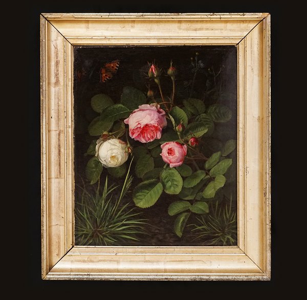 Otto Diedrich Ottesen, Denmark, 1816-92: Stilleben with roses and butterfly. Oil on canvas. Visible size: 37x31cm. With frame: 49x43cm