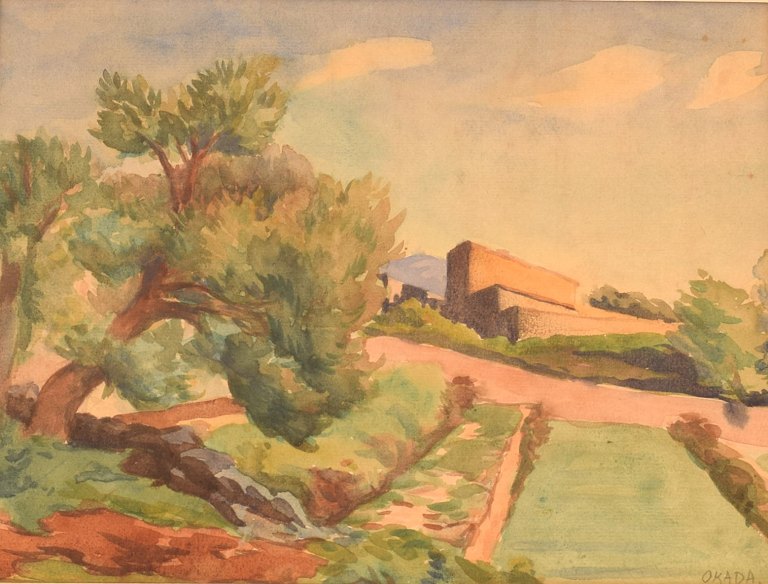 Saburosuke Okada (f. Japan 1869, d. 1939). Akvarel på papir. Landskab med træ. Ca 1920.