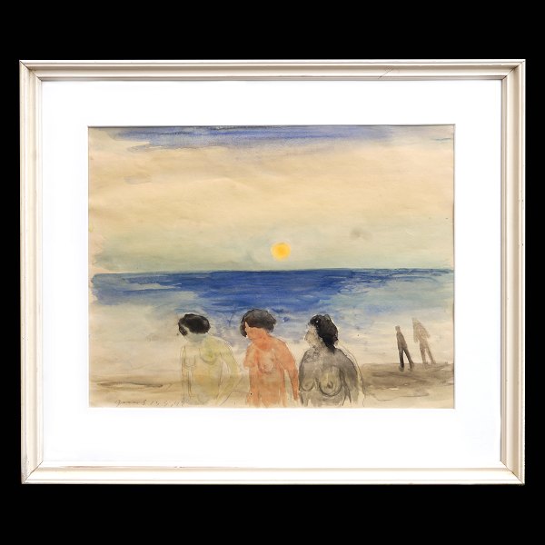 Watercolor by Jens Søndergaard, 1895-1957: "Women walking at the beach". Signed and dated 1947. Visible size: 37x48cm. With frame: 57x68cm