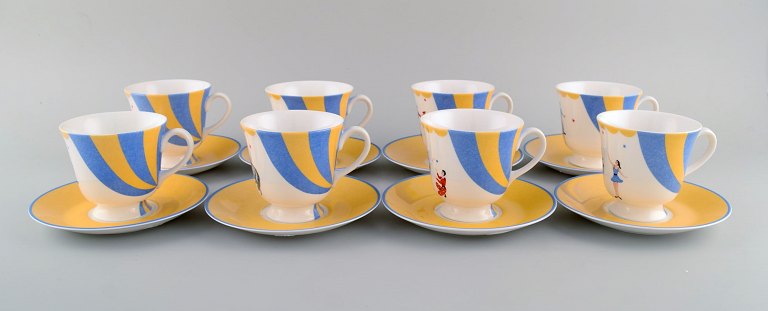 Sæt på otte Hermès Circus kaffekopper med underkopper i porcelæn. Sent 1900-tallet. 
