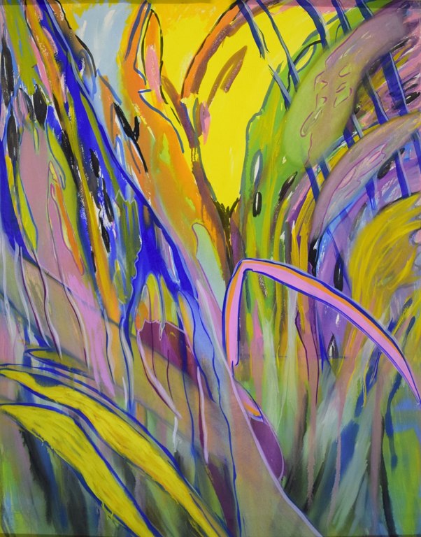 Ivy Lysdal, f 1937. Dansk keramiker og kunstmaler. Mixed media på karton. Stort abstrakt modernistisk maleri. Koloristisk palette. Sent 1900-tallet.