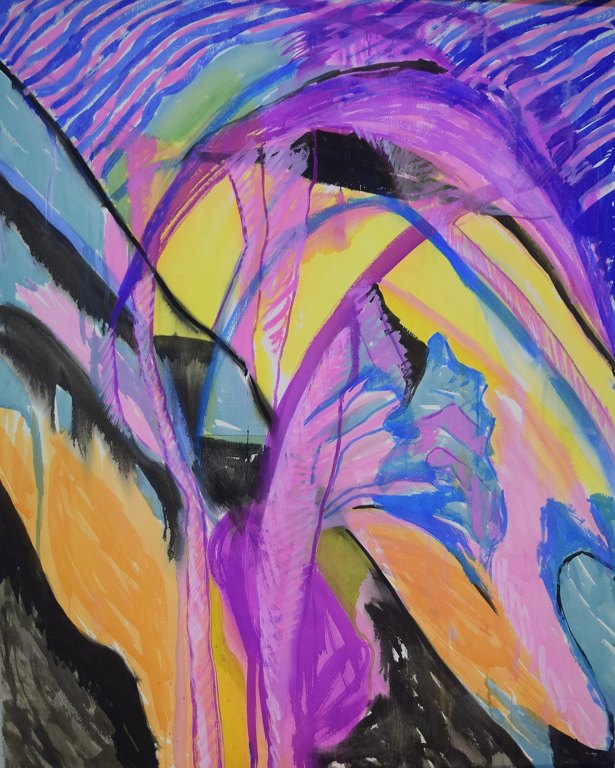 Ivy Lysdal, f 1937. Dansk keramiker og kunstmaler. Mixed media på karton. Stort abstrakt modernistisk maleri. Koloristisk palette. Sent 1900-tallet.