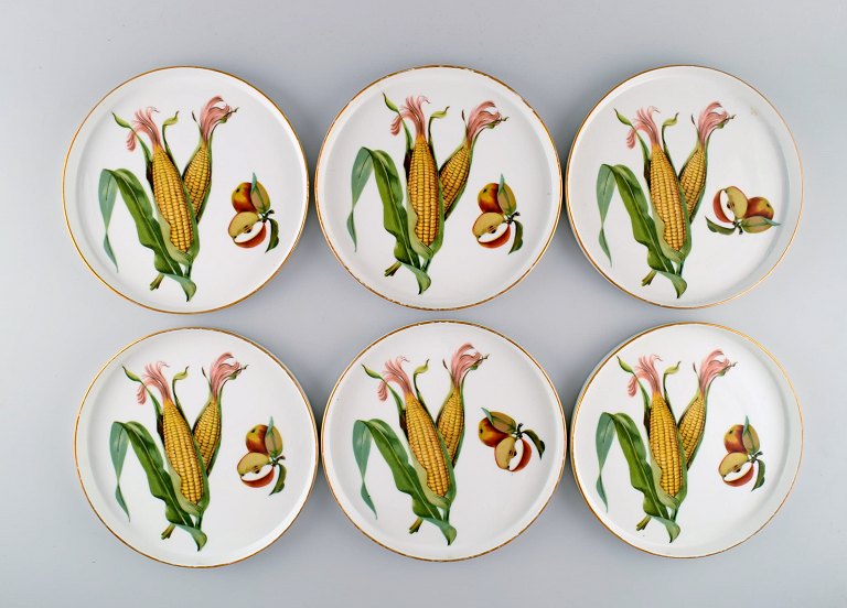 Royal Worcester, England. Six round porcelain dishes decorated with corn cobs, apples and gold edge. 1960s.