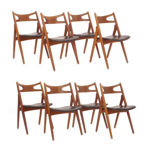 Hans J. Wegner, Denmark, set of eight Sawbuck Chairs CH 29, teak and leather. Signed Hans J. Wegner and Cark Hansen & Søn. Nice condition with signs of use. H: 75cm. H S: 44,5cm