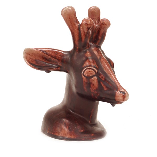 Axel Salto for Royal Copenhagen stoneware deer head with oxblood glaze. #20803. H: 31cm. L: 26cm