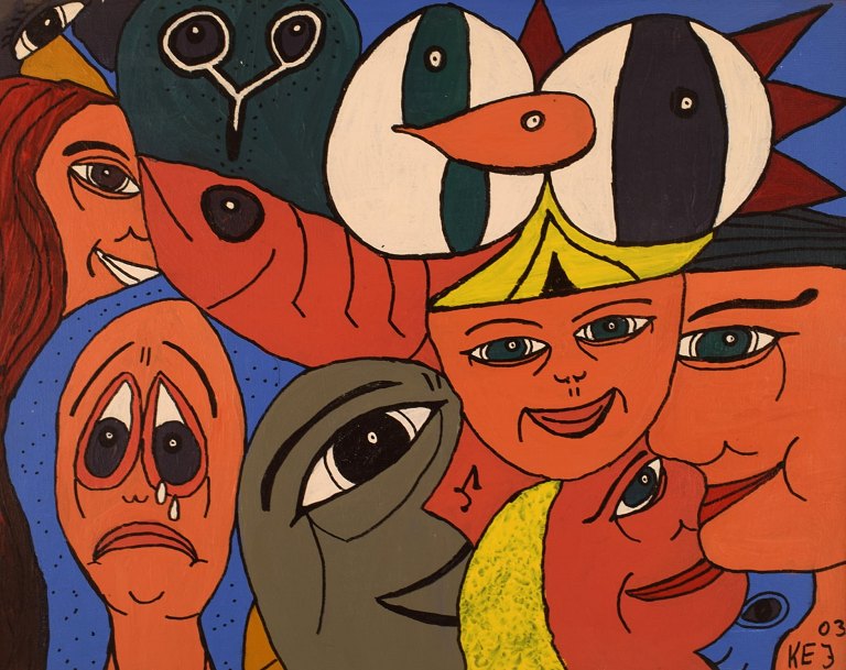 Elisabeth Jensen. Dansk kunstner. Akryl på lærred. "Den triste og de glade". Figurkomposition. Dateret 2003.