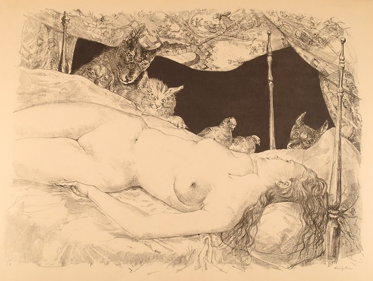 Leonard Tsuguharu Foujita (1868-1968). "Le Rêve". Litografi på Arches papir. Ca. 1947.Lysmål: 73 x 55 cm.Totalmål: 84 x 65 cm.Rammen måler: 6 cm.I flot stand.Signeret med blyant, Foujita.