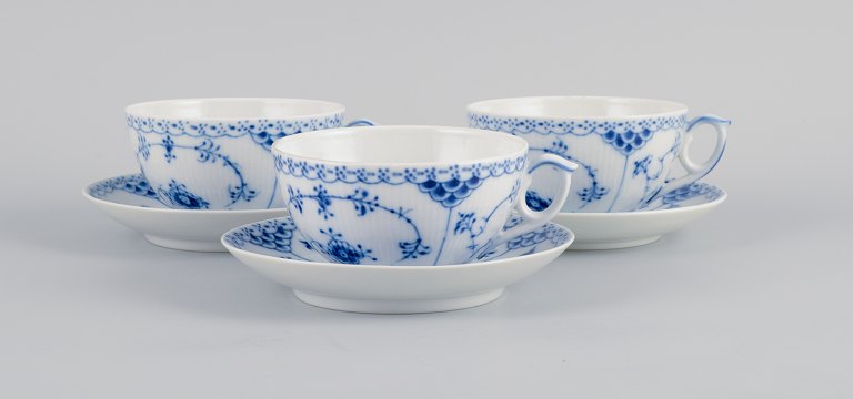 Royal Copenhagen, Blue Fluted half lace, three pairs of large teacups.Model 1/656