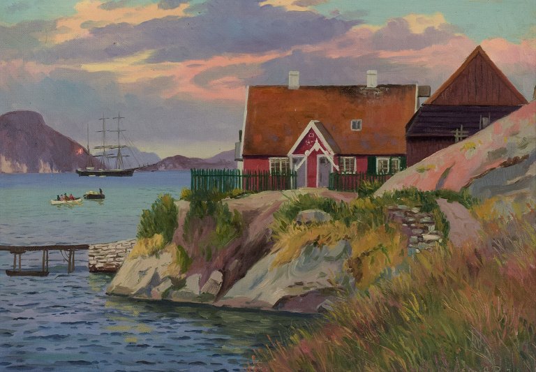 Emanuel Aage Petersen (1894-1948), Oliemaleri på lærred.Grønlandsk bygd. I baggrunden Kongeskibet.
