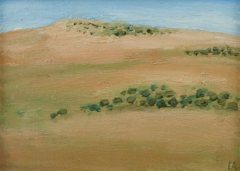 Ingvar Andersson, Sverige, olie på lærred. Modernistisk sommerlandskab. Gul mark og blå himmel.