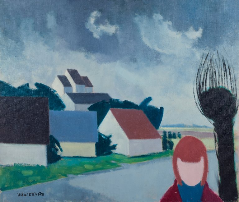 K. Westerberg, also known as Knud Horup, listed Danish artist, oil on canvas. Modernist style. Landscape with figure.