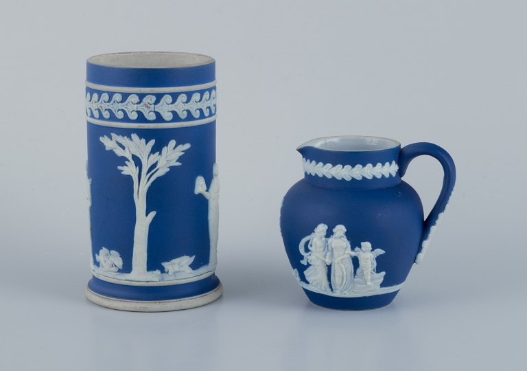 Adams, England, cylindrical vase and creamer in biscuit porcelain.Classic scenes.