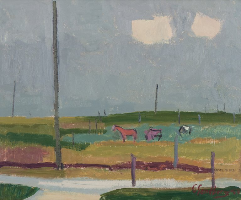 Gotthard Sandberg (1890-1961), Swedish artist, oil on board. Modernist landscape with horses in a meadow.