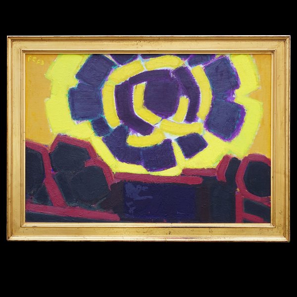 Frede Christoffersen maleri. Frede Christoffersen, 1919-87, olie på lærred på plade. Signeret og dateret 1953."Aften. Nørre Lyngby. 1953". Udstillet bl.a. i Finland i 1958. Hidrørende fra Bondo Svanes samling. Lysmål: 75x108cm. Med ramme: 90x123cm