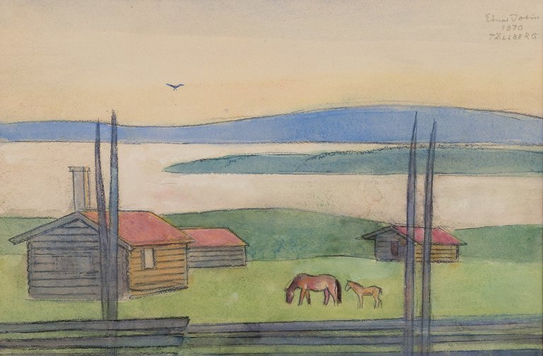 Einar Jolin (1890-1976), svensk kunstner. Oliekridt på papir.Svensk modernistisk landskab fra ”Tällberg”.