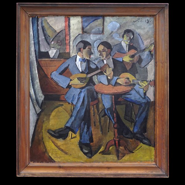 Victor Isbrand, 1897-1988, oil on plate. Cubism composition with three musicians. Signed and dated 1918. Exhibited and depicted. Visible size: 105x88cm. With frame: 121x106cm