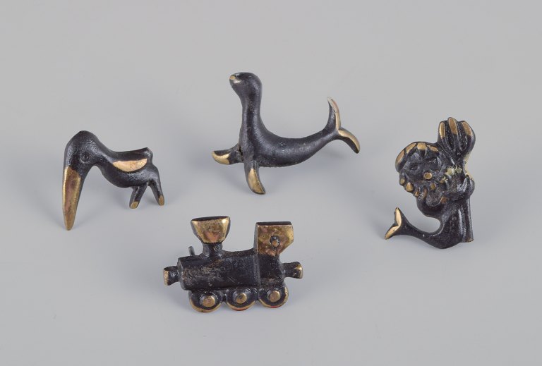 Walter Bosse (1904-1979), Østrig. Fire miniature-figurer i bronze. Tog, havfrue, tukan og sæl.