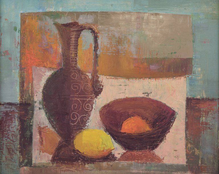 Swedish artist, oil on board.Modernist still life with a pitcher and lemon.