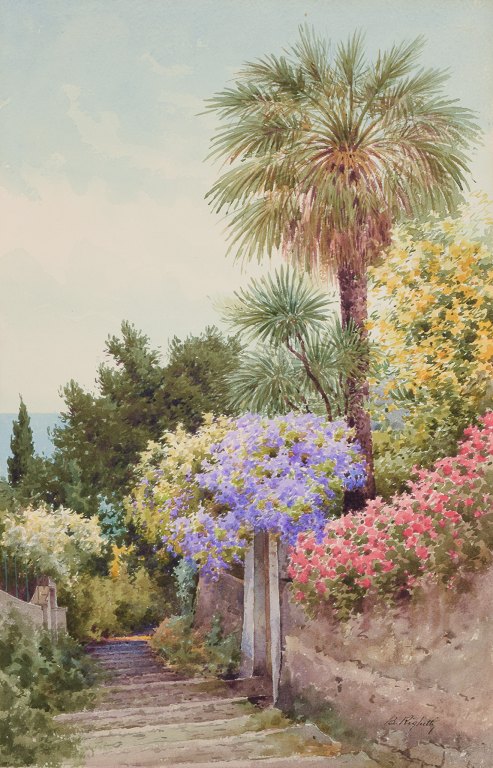 B. Righetti, Italian artist. Watercolor on paper. Southern park scene with a view of the sea.