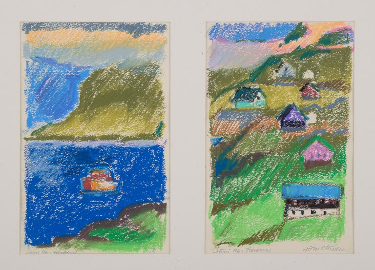 Jörn Stender, dansk kunstner. Pastel på papir. To landskabsmotiver med huse fra Færøerne.