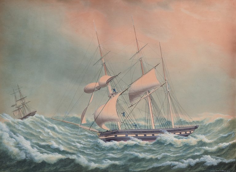 Jacob Petersen (1774-1855) , well listed Danish Maritime painter and a student of C. W. Eckersberg. Gouache on paper. Ship portrait of the barque "Ingeborg of Copenhagen."