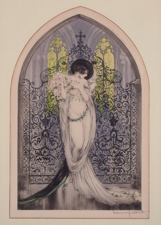 Louis Icart (1888-1950). Color lithograph on Japanese paper. Elegant woman with a bouquet of roses in a church.