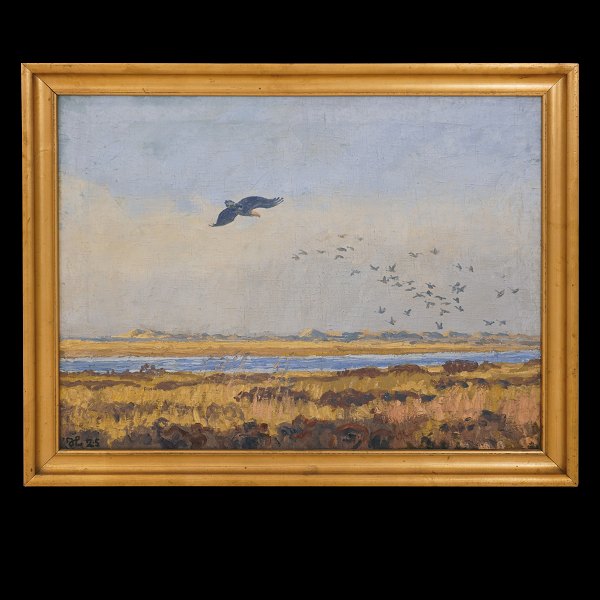 Johannes Larsen, Denmark, 1867-1961, oil on canvas. Hunting eagle Signed and dated Johannes Larsen 1925. Visible size: 59x78cm. With frame: 69x88cm