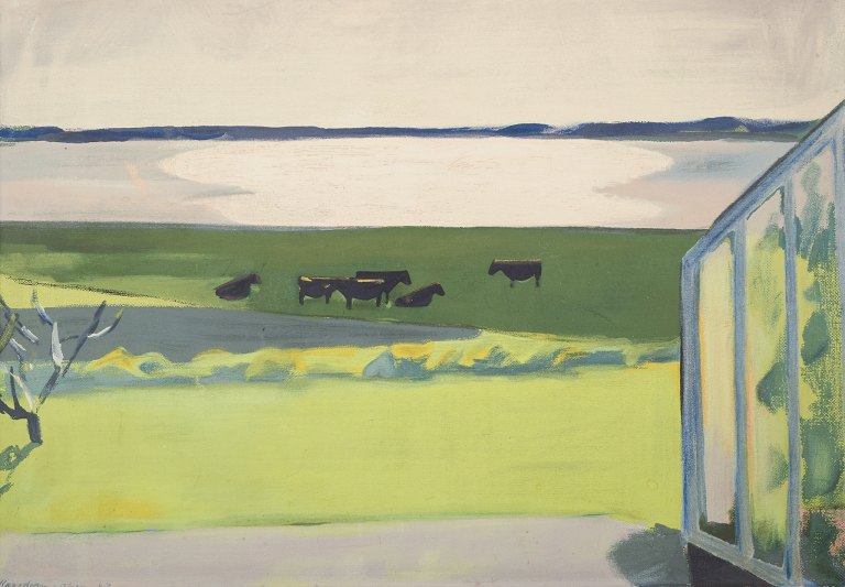 Thorvald Hagedorn-Olsen, dansk kunstmaler. Olie på malerplade.Modernistisk dansk landskab med græssende kvæg og fjord.