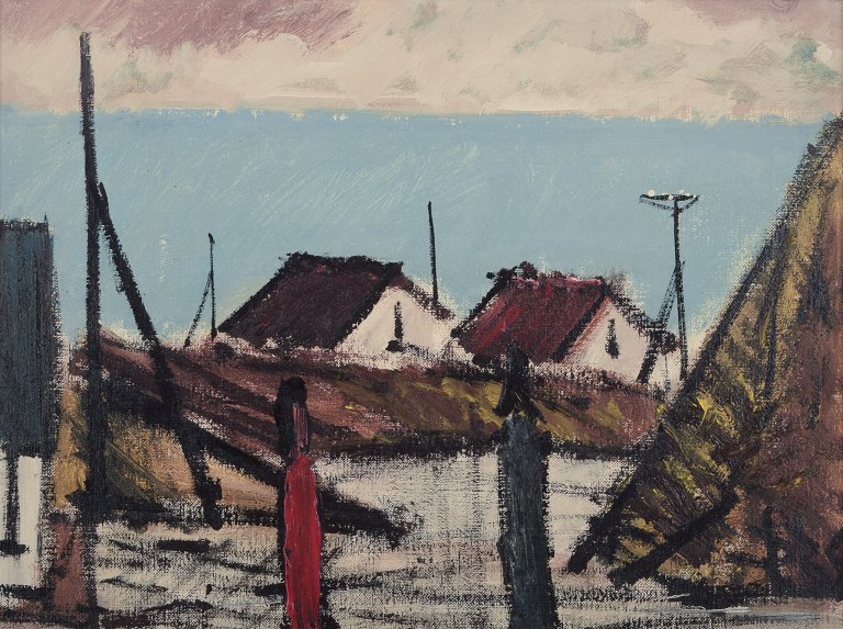 Peder Brøndum Sørensen (1931-2003), Danish painter, oil on canvas. "Figures and Houses by the Sea." Modernist motif.