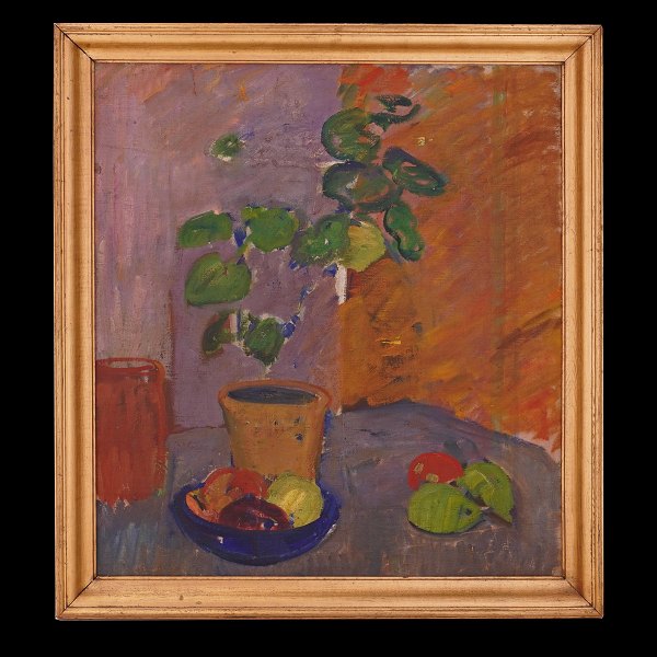 Karl Isakson maleri. Karl Isakson, 1878-1922, stilleben med pelargonie og frugter, olie på lærred. Lysmål: 57x52cm. Med ramme: 66x61cm