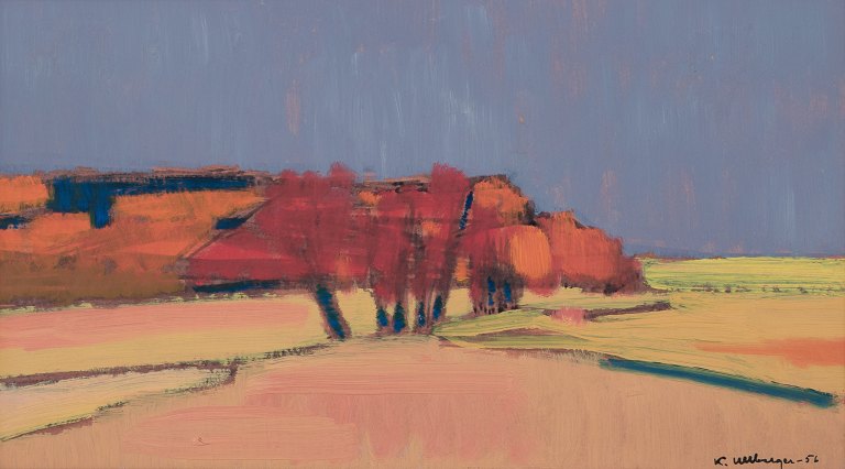 Kurt Ullberger (1919-2008) svensk kunstner. Olie på plade.Modernistisk efterårslandskab.